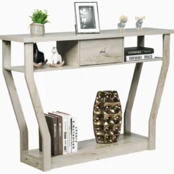 Konsolentisch aus Holz mit Schublade & Regal Eingangstisch Beistelltisch 120 x 30 x 81 cm Grau