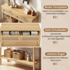 Konsolentisch Beistelltisch mit Offener Ablage & 2 Schubladen Sofatisch mit Rattanoptik