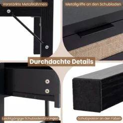 Konsolentisch Beistelltisch mit Offener Ablage & 2 Schubladen Sofatisch mit Rattanoptik