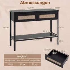 Konsolentisch Beistelltisch mit Offener Ablage & 2 Schubladen Sofatisch mit Rattanoptik