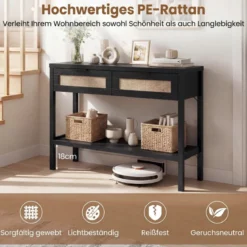 Konsolentisch Beistelltisch mit Offener Ablage & 2 Schubladen Sofatisch mit Rattanoptik