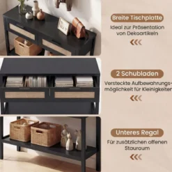 Konsolentisch Beistelltisch mit Offener Ablage & 2 Schubladen Sofatisch mit Rattanoptik