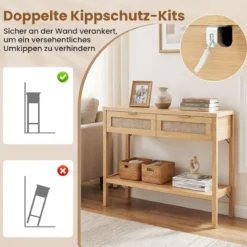 Konsolentisch Beistelltisch mit Offener Ablage & 2 Schubladen Sofatisch mit Rattanoptik