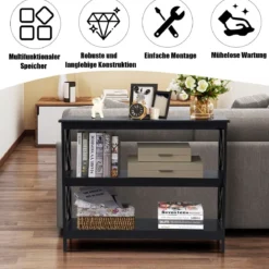Konsolentisch Beistelltisch mit Offener Ablage & 2 Schubladen Sofatisch mit Rattanoptik
