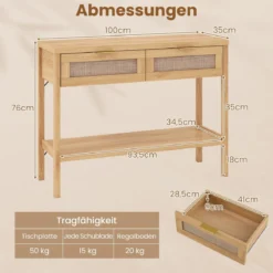 Konsolentisch Beistelltisch mit Offener Ablage & 2 Schubladen Sofatisch mit Rattanoptik