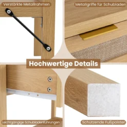 Konsolentisch Beistelltisch mit Offener Ablage & 2 Schubladen Sofatisch mit Rattanoptik