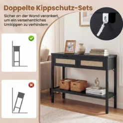 Konsolentisch Beistelltisch mit Offener Ablage & 2 Schubladen Sofatisch mit Rattanoptik