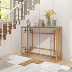 Konsolentisch mit Marmor & Geometrischem Metallrahmen Eingangstisch Schmal Golden