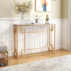 Konsolentisch mit Marmor & Geometrischem Metallrahmen Eingangstisch Schmal Golden