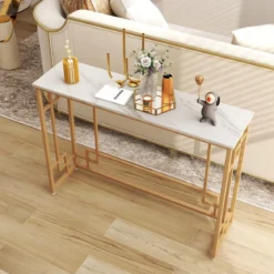 Konsolentisch mit Marmor & Geometrischem Metallrahmen Eingangstisch Schmal Golden