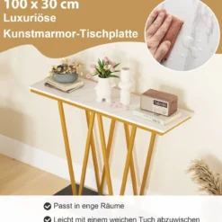 Konsolentisch mit Marmor Optik & Metallrahmen Flurtisch Schmaler Beistelltisch Eingangtisch