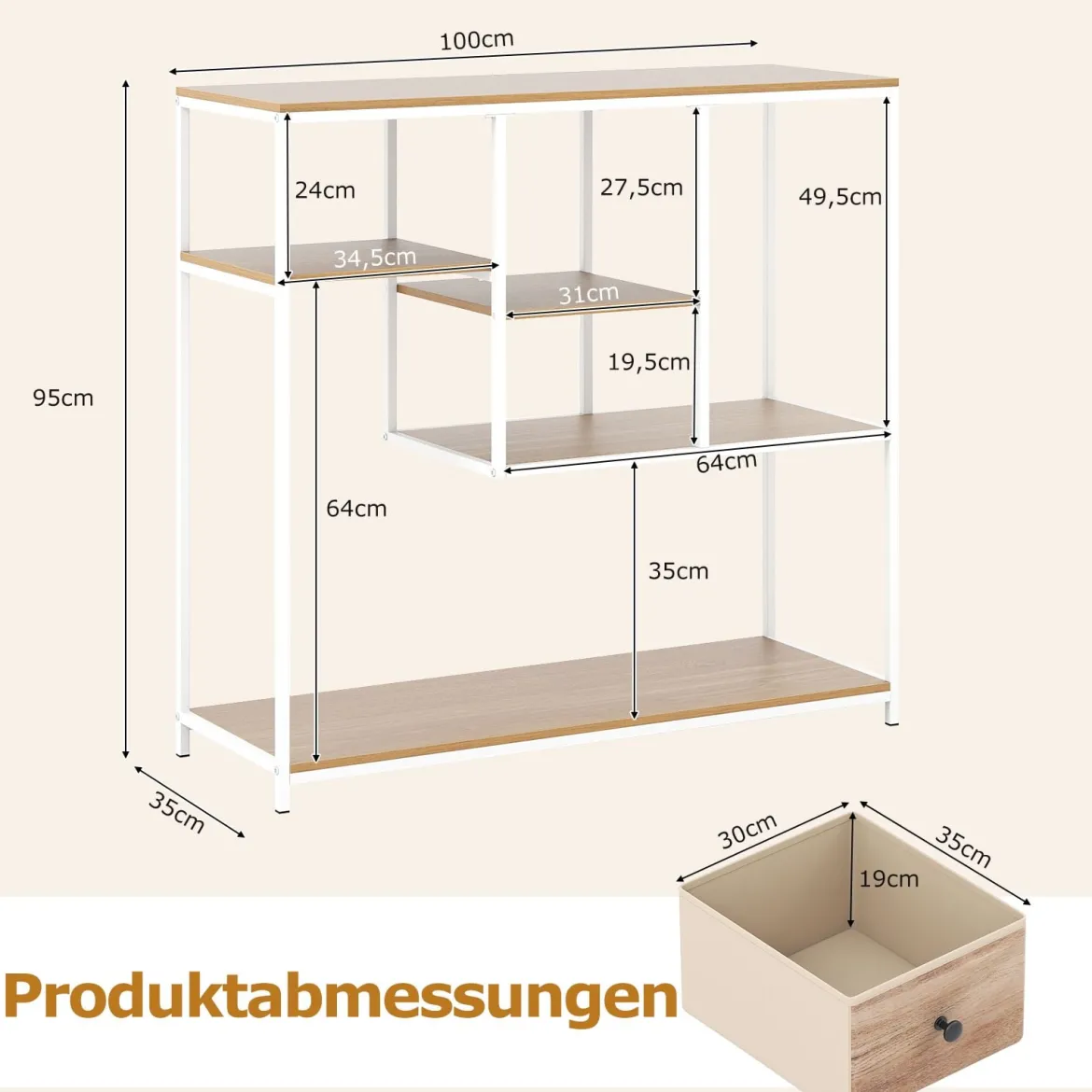 Konsolentisch mit Stauraum Industrieller Beistelltisch mit Vliesstoffschublade & Regale Natur