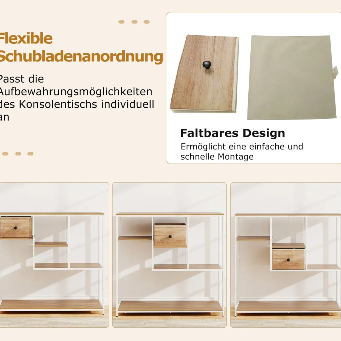 Konsolentisch mit Stauraum Industrieller Beistelltisch mit Vliesstoffschublade & Regale Natur