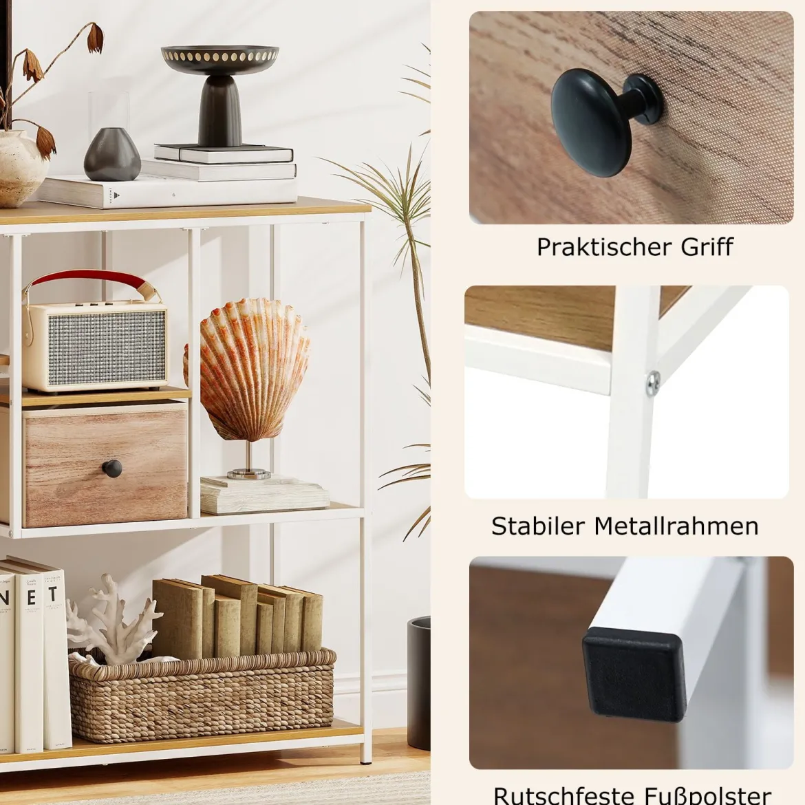 Konsolentisch mit Stauraum Industrieller Beistelltisch mit Vliesstoffschublade & Regale Natur