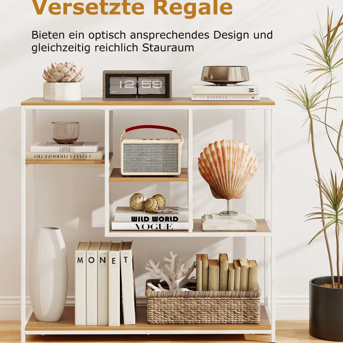 Konsolentisch mit Stauraum Industrieller Beistelltisch mit Vliesstoffschublade & Regale Natur