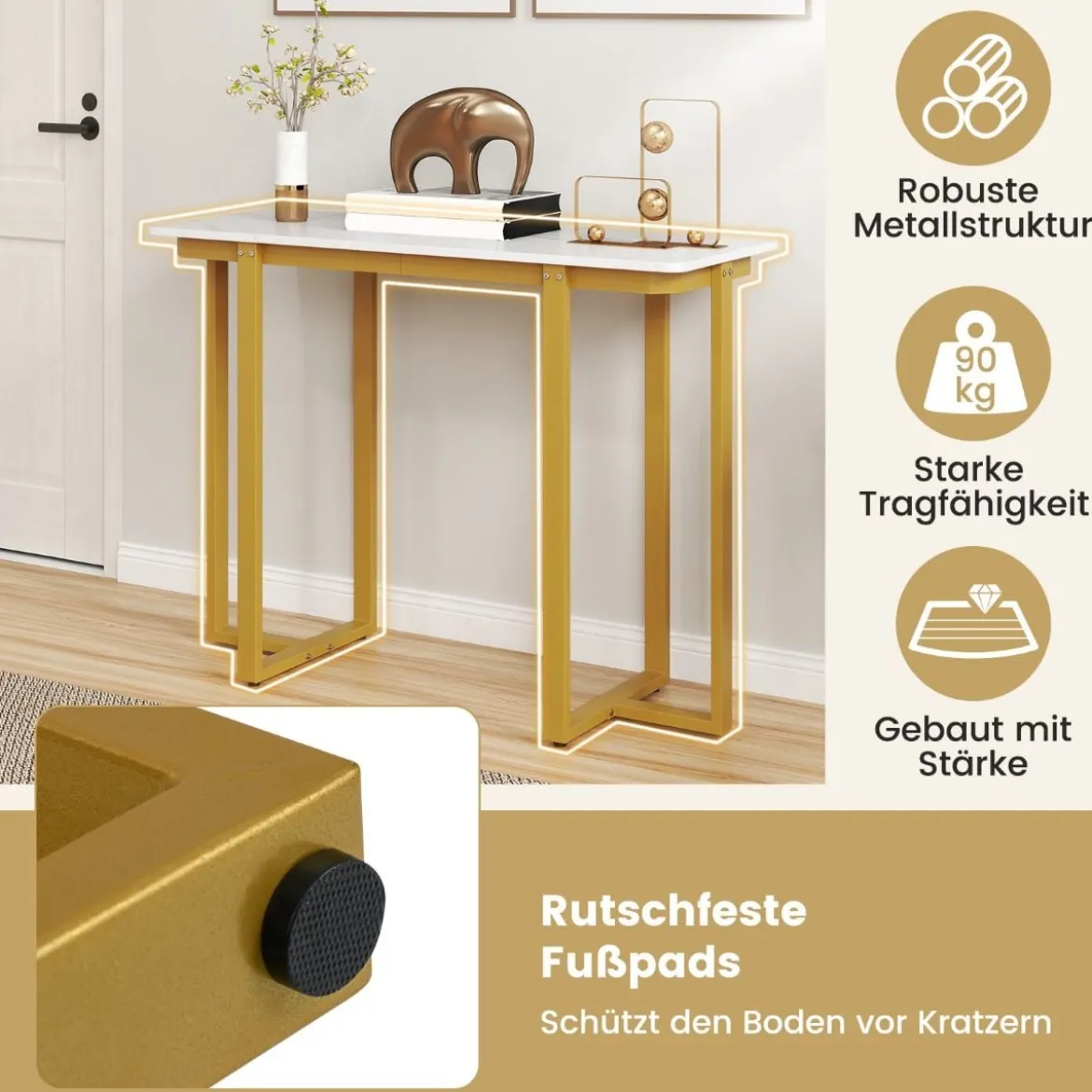 Konsolentisch schmal moderner Eingangstisch mit Marmor-Optik 107 x 40 x 79,5 cm Golden/Schwarz