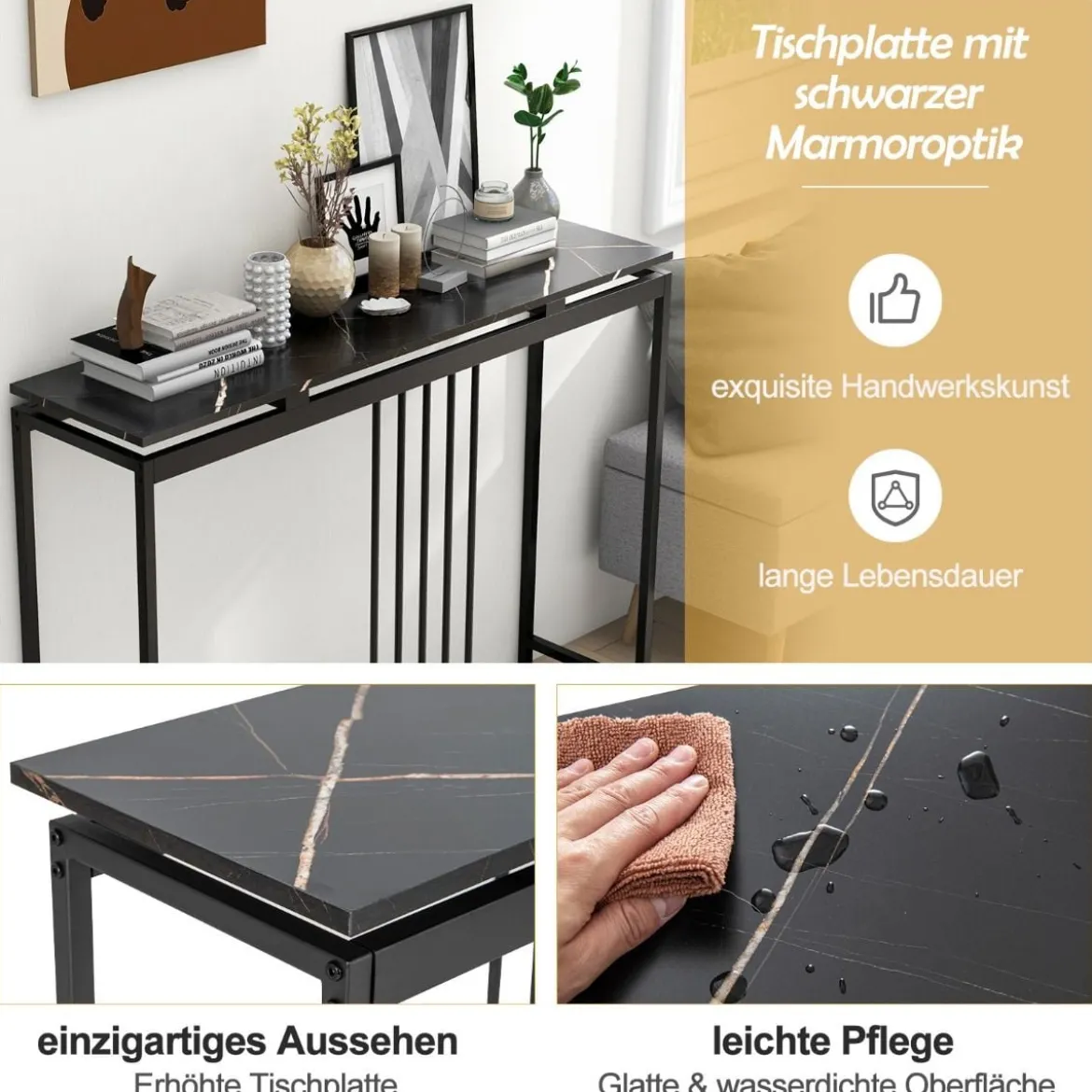 Konsolentisch Sofatisch aus Kunstmarmor 120 x 30 x 90 cm Schwarz