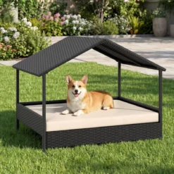Korbhundehütte mit Baldachin erhöhtes Rattansofa für kleine und mittelgroße Hunde bis 60 kg Beige