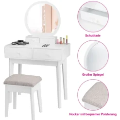 Kosmetiktisch Set 4 Schubladen Schminktisch Frisiertisch mit Hocker und Spiegel Holz