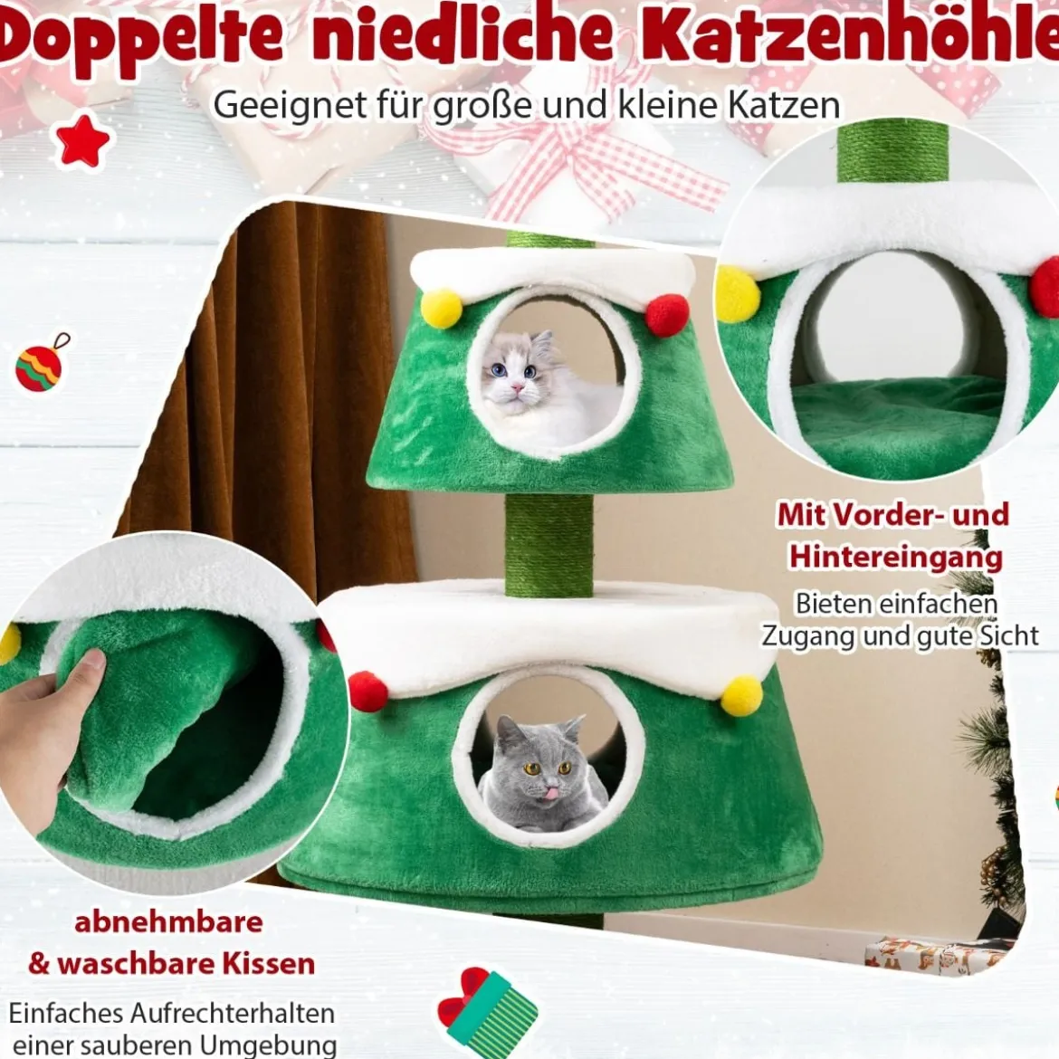 Kratzbaum für Weihnachten mit 2 Katzenhöhlen & Sisal-Kratzsäulen & Spielzeug & Plüschkissen