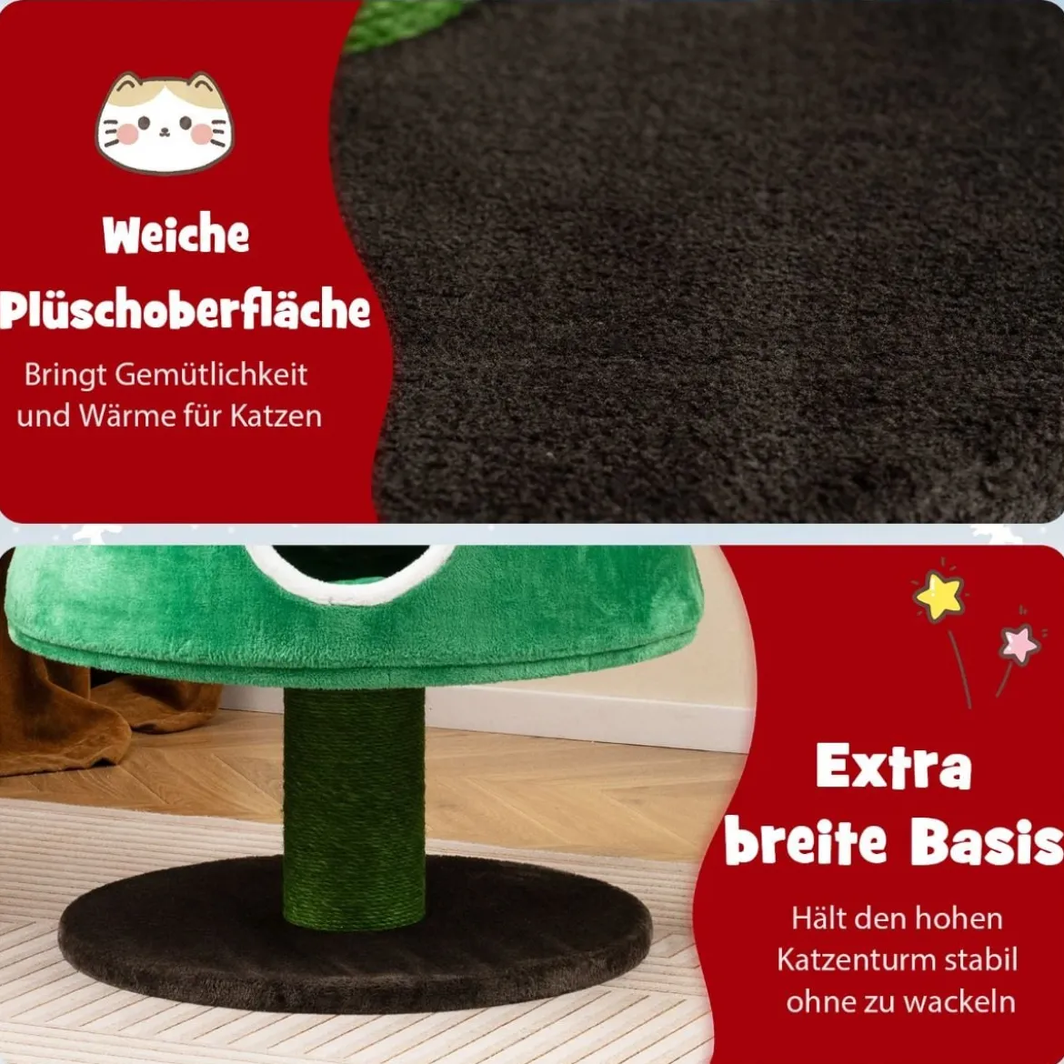 Kratzbaum für Weihnachten mit 2 Katzenhöhlen & Sisal-Kratzsäulen & Spielzeug & Plüschkissen