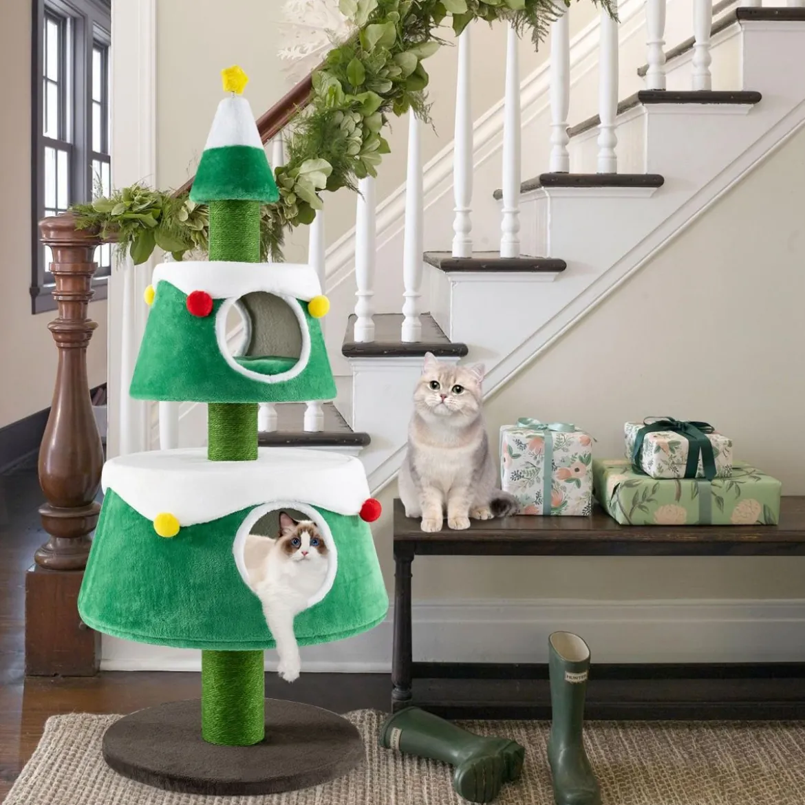 Kratzbaum für Weihnachten mit 2 Katzenhöhlen & Sisal-Kratzsäulen & Spielzeug & Plüschkissen