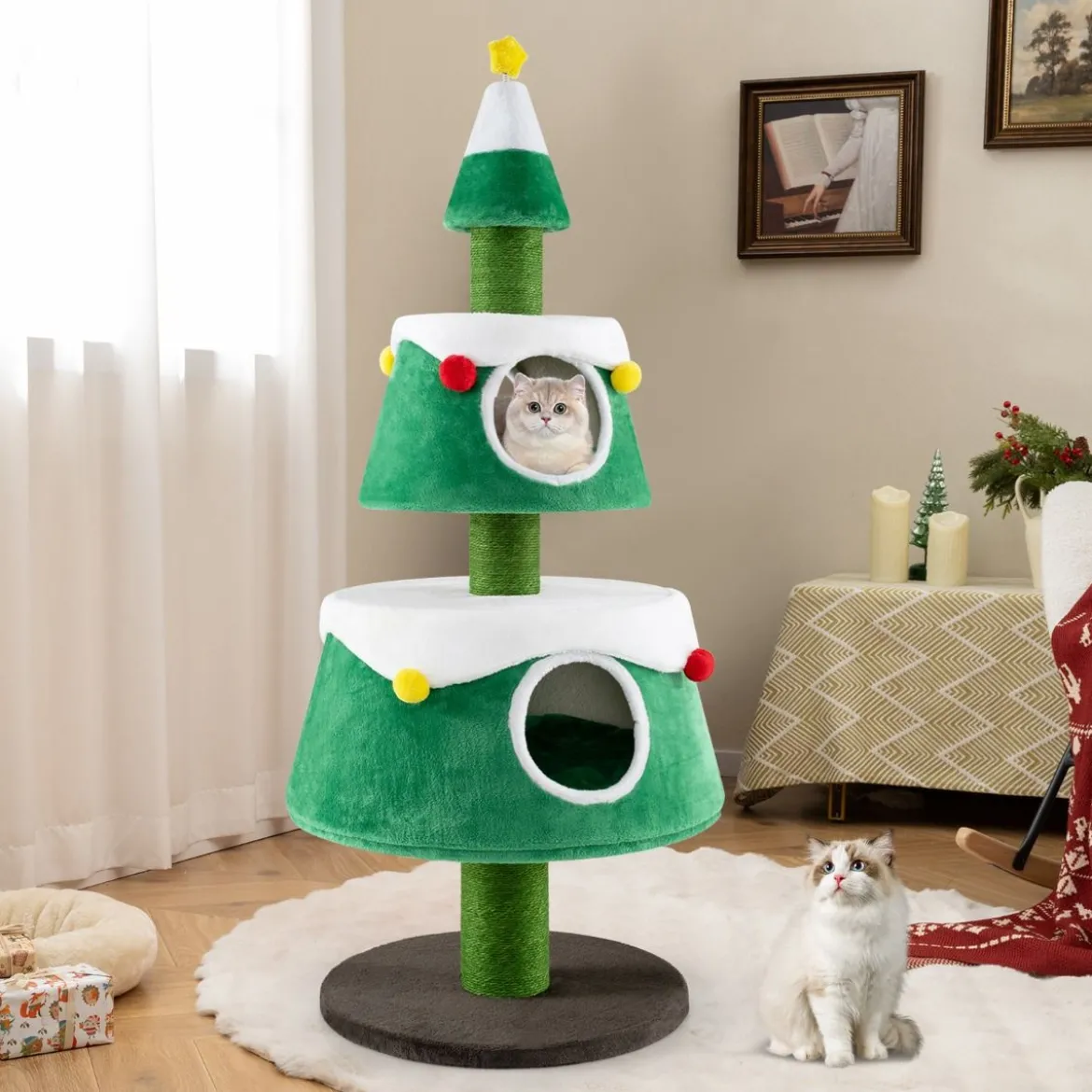 Kratzbaum für Weihnachten mit 2 Katzenhöhlen & Sisal-Kratzsäulen & Spielzeug & Plüschkissen