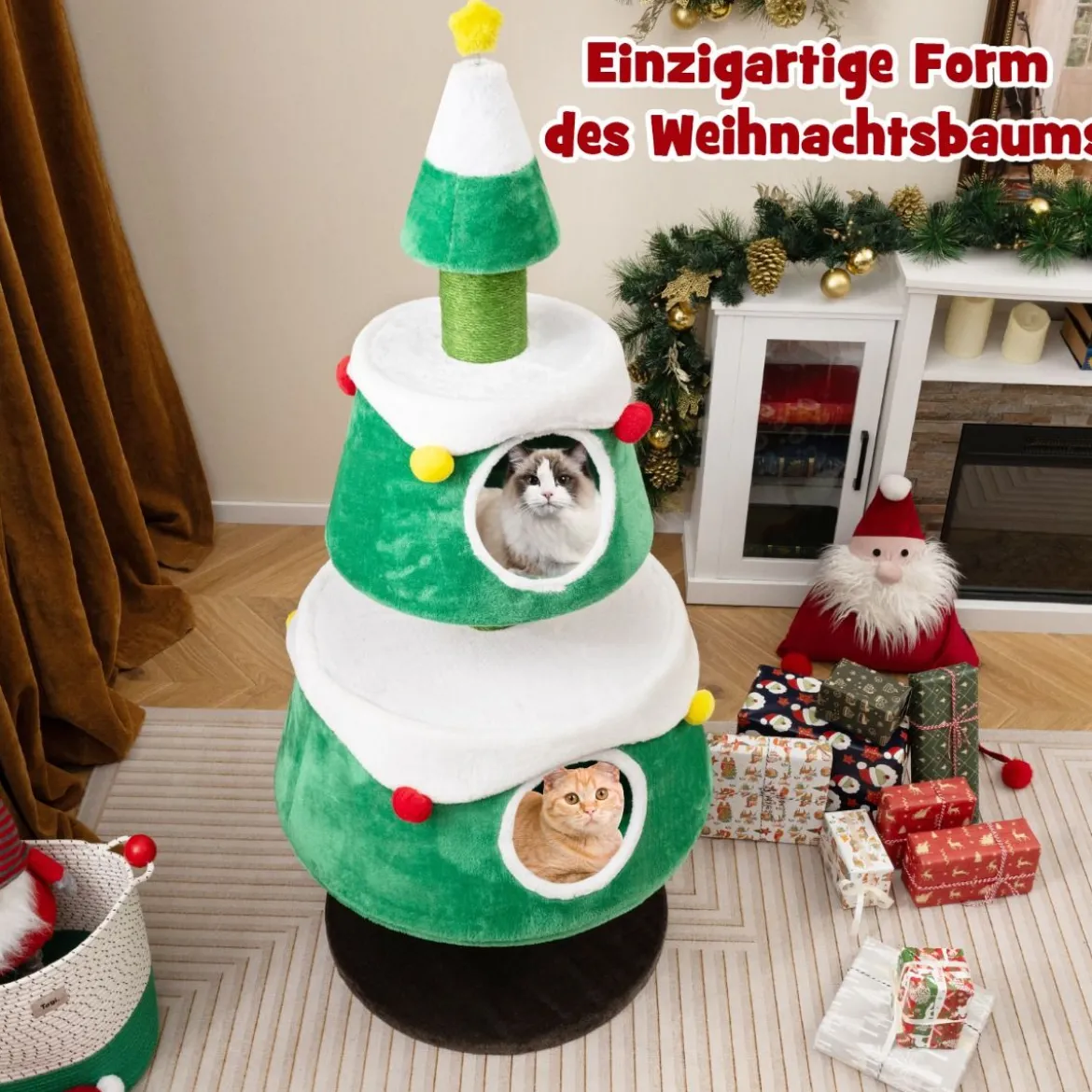 Kratzbaum für Weihnachten mit 2 Katzenhöhlen & Sisal-Kratzsäulen & Spielzeug & Plüschkissen