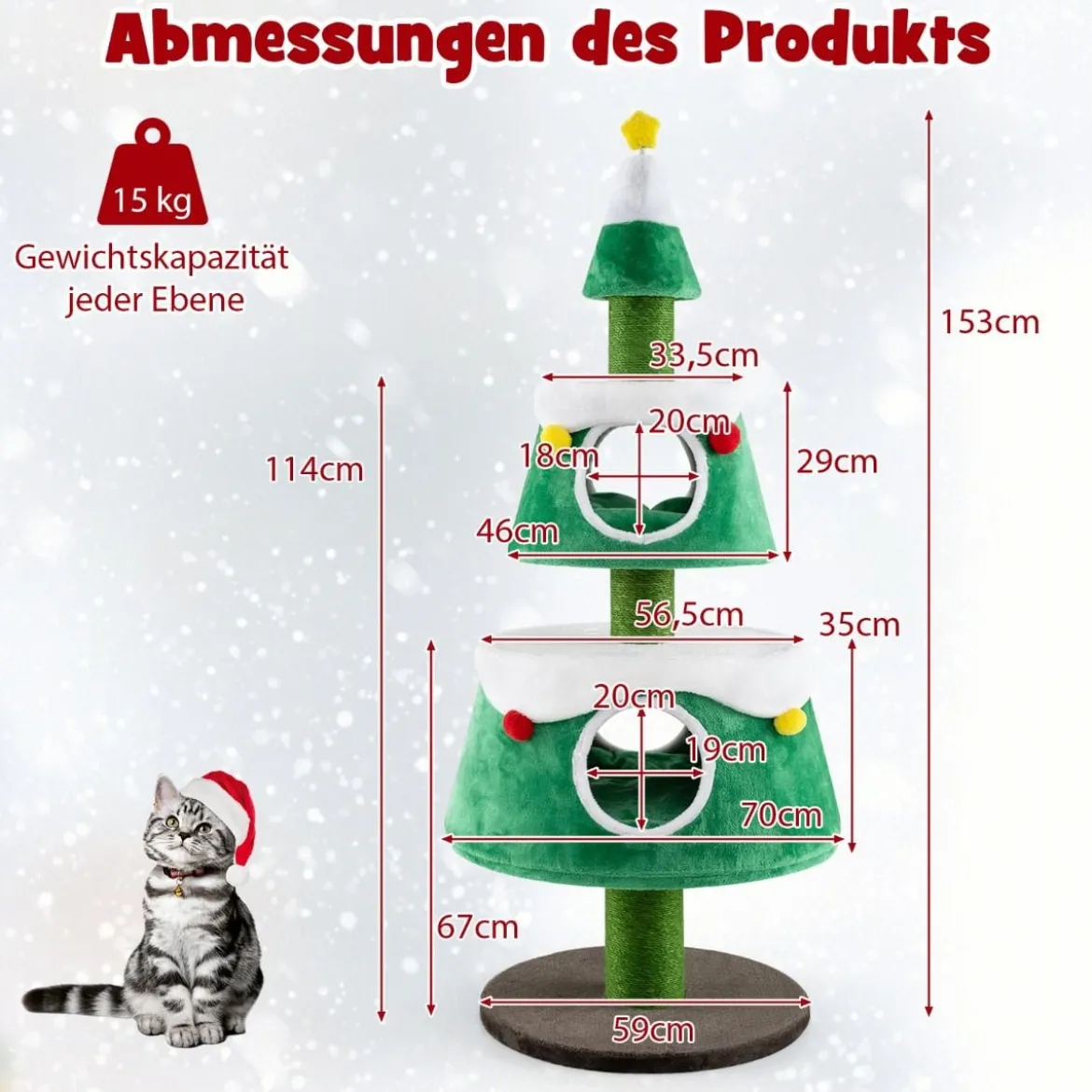 Kratzbaum für Weihnachten mit 2 Katzenhöhlen & Sisal-Kratzsäulen & Spielzeug & Plüschkissen