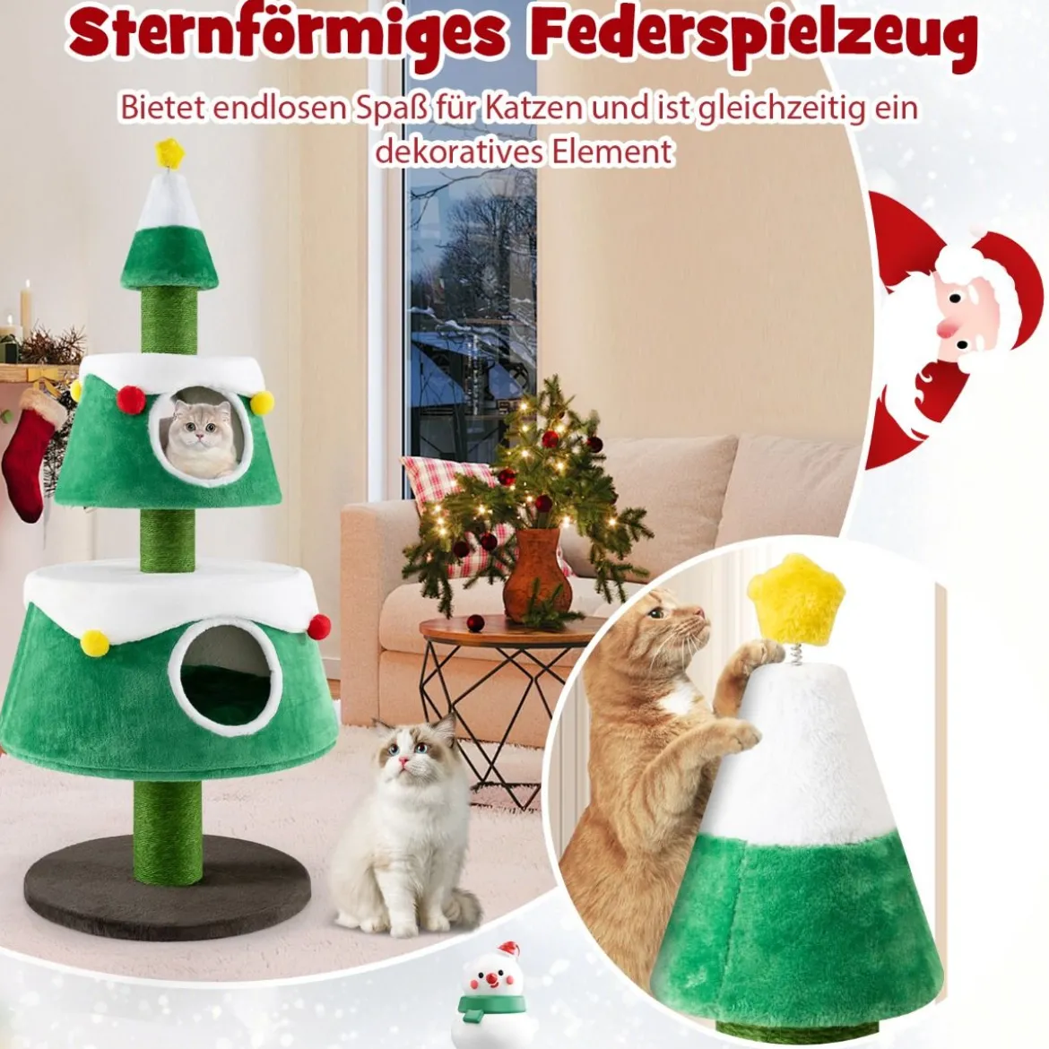 Kratzbaum für Weihnachten mit 2 Katzenhöhlen & Sisal-Kratzsäulen & Spielzeug & Plüschkissen