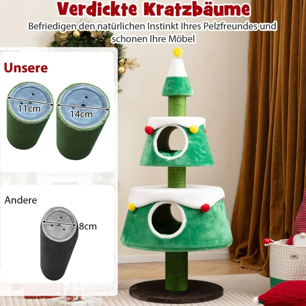 Kratzbaum für Weihnachten mit 2 Katzenhöhlen & Sisal-Kratzsäulen & Spielzeug & Plüschkissen