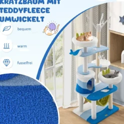 Kratzbaum im Meeresmotiv mit Sisalpfosten & Katzenhöhle & Sitzflächen & Hängematte Blau