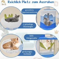 Kratzbaum im Meeresmotiv mit Sisalpfosten & Katzenhöhle & Sitzflächen & Hängematte Blau