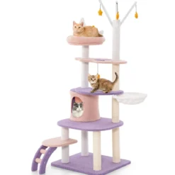 Kratzbaum Katzenbaum mit Katzenhöhle & Leiter & Hängematte & Spielzeug 59 x 49 x 158cm Lila+Rosa