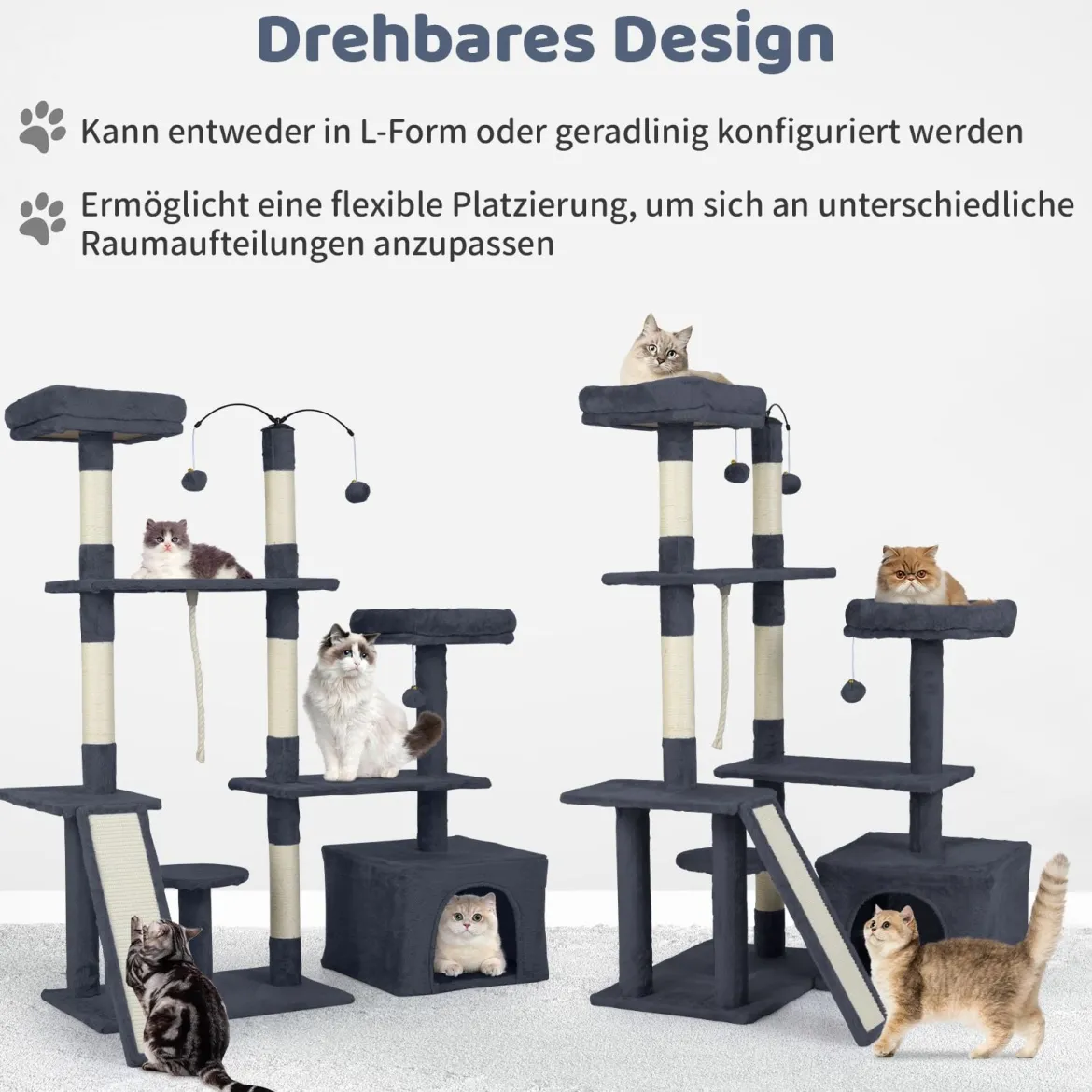 Kratzbaum mit Drehbares Design Katzenbaum mit Katzenhöhle & Rampe Kletterbaum Dunkelgrau