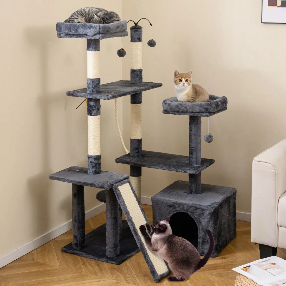 Kratzbaum mit Drehbares Design Katzenbaum mit Katzenhöhle & Rampe Kletterbaum Dunkelgrau
