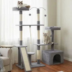 Kratzbaum mit Drehbares Design Katzenbaum mit Katzenhöhle & Rampe Kletterbaum Hellgrau