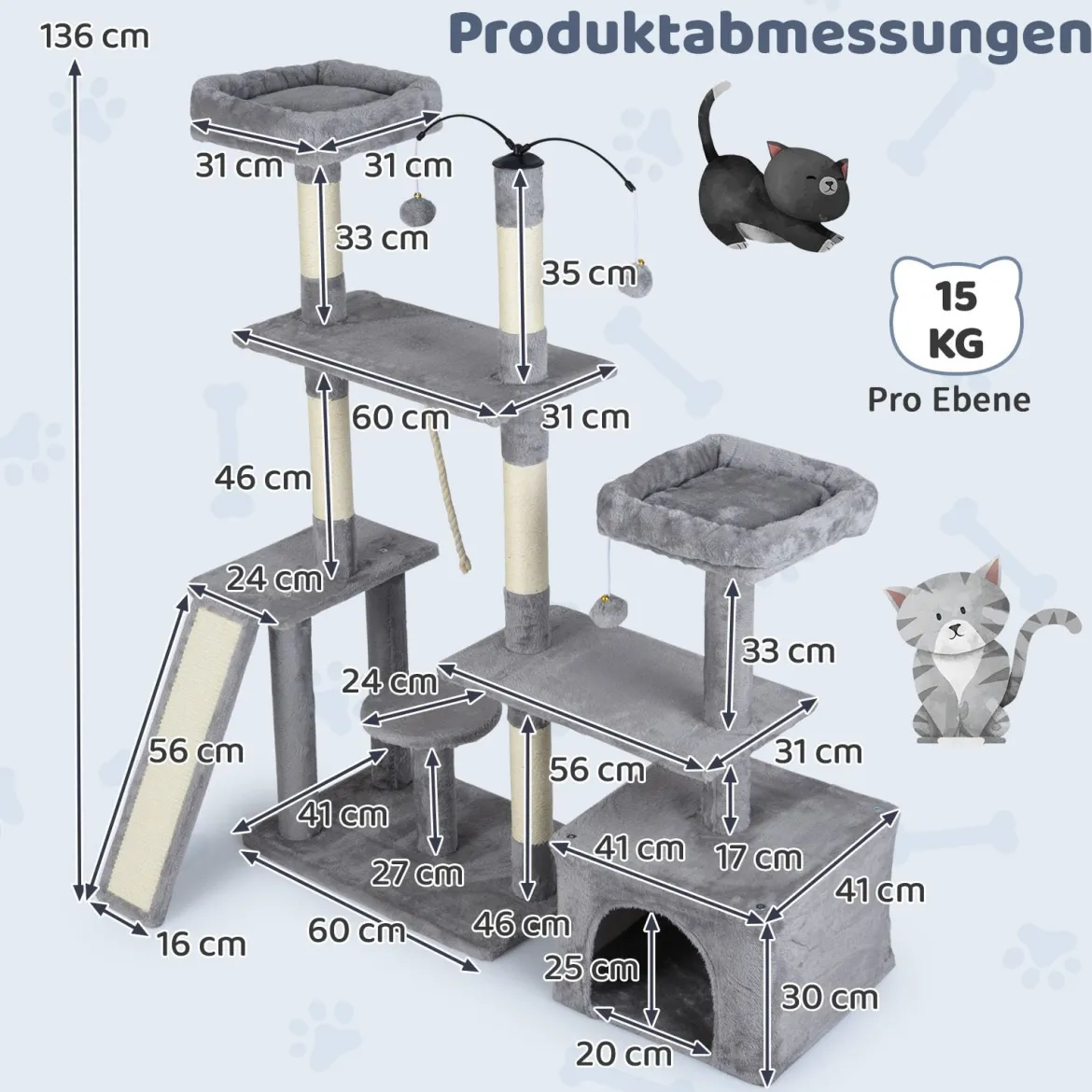 Kratzbaum mit Drehbares Design Katzenbaum mit Katzenhöhle & Rampe Kletterbaum Hellgrau