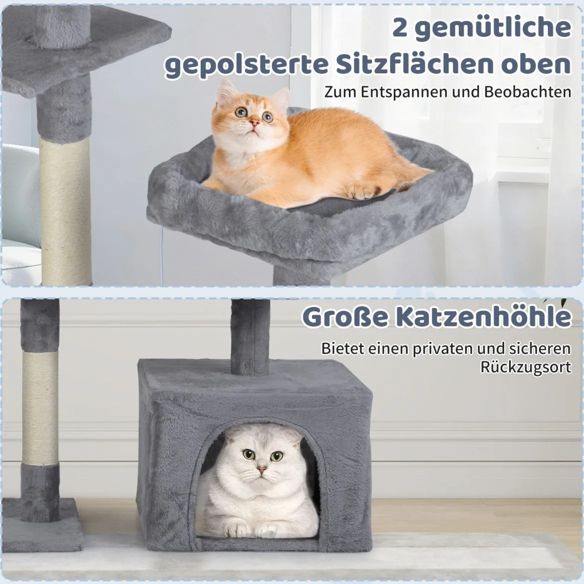 Kratzbaum mit Drehbares Design Katzenbaum mit Katzenhöhle & Rampe Kletterbaum Hellgrau