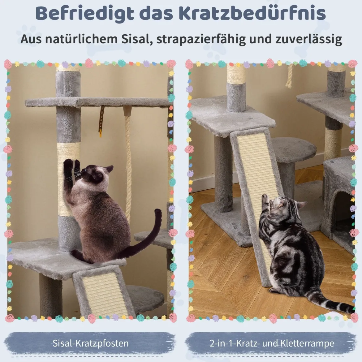 Kratzbaum mit Drehbares Design Katzenbaum mit Katzenhöhle & Rampe Kletterbaum Hellgrau