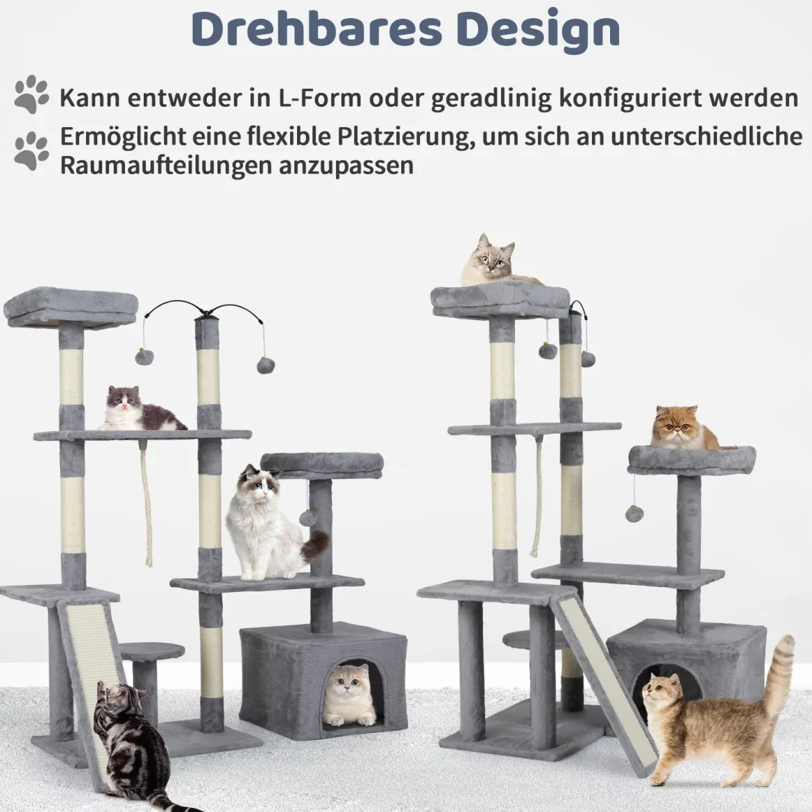 Kratzbaum mit Drehbares Design Katzenbaum mit Katzenhöhle & Rampe Kletterbaum Hellgrau