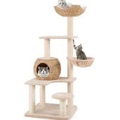 Kratzbaum mit Katzenhöhle 150 cm hoch Katzenbaum mit Hängematte bis 10 kg Beige+Natur