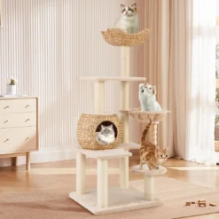 Kratzbaum mit Katzenhöhle 150 cm hoch Katzenbaum mit Hängematte bis 10 kg Beige+Natur