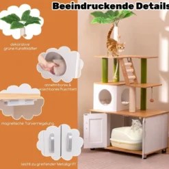 Kratzbaum mit Katzenschrank & Höhle & Kratzbrett & Kunstpflanze Katzenbaum Katzenhaus