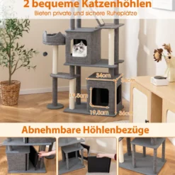 Kratzbaum mit Kratzpfosten & Sisalbrett & Leiter & 2 Höhlen Katzenbaum 180 cm Grau