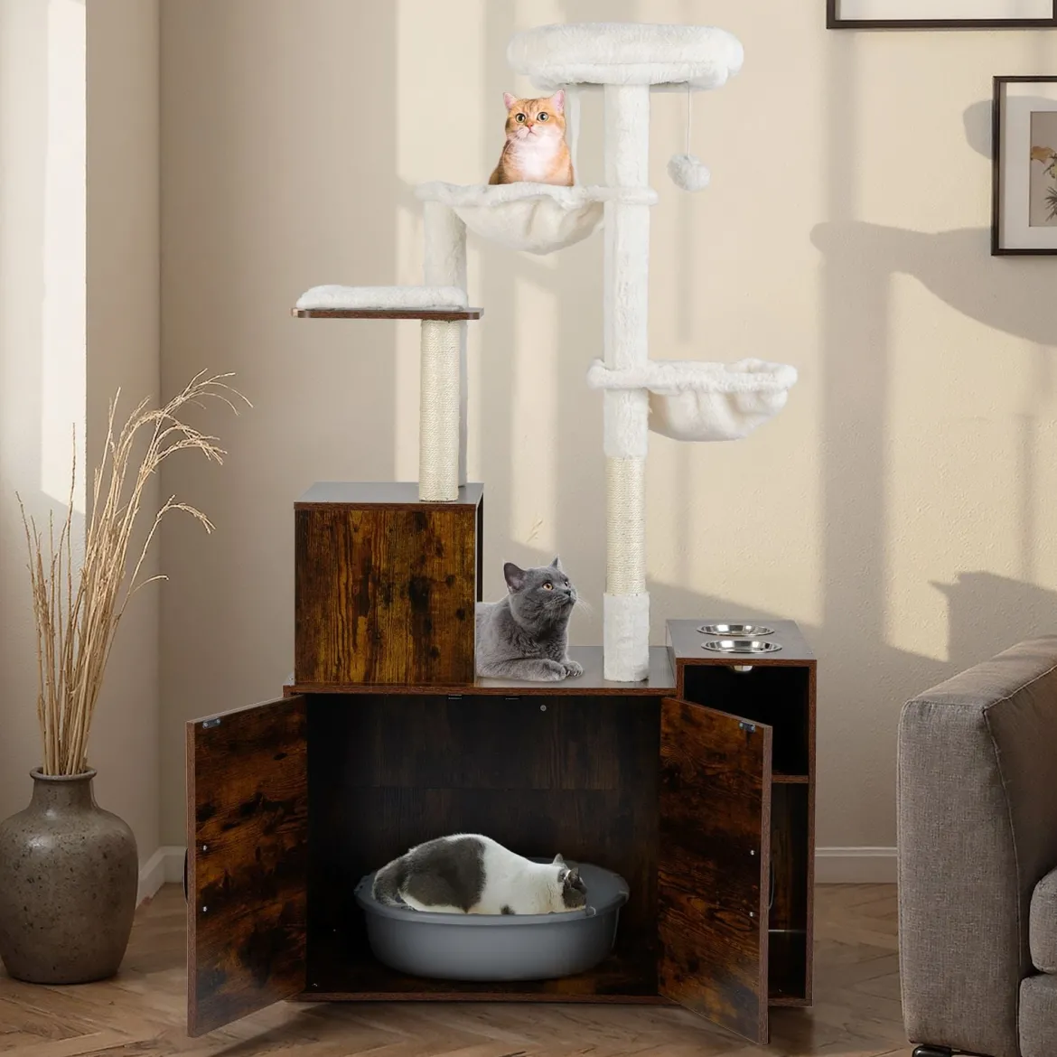 Kratzbaum mit Verstecker Katzenklo & 2 Hängematten & Aussichtsplattform Katzenbaum Braun