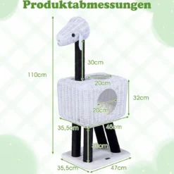 Kratzbaum Rattan 110 cm Katzenturm im Schaf-Design mit Katzenhöhle Sisalstämme & Hängender Spielball