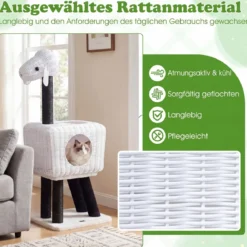 Kratzbaum Rattan 110 cm Katzenturm im Schaf-Design mit Katzenhöhle Sisalstämme & Hängender Spielball