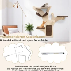 Kratzbaum Wand Katzenwand mit Plattformen Hängematte Kratzpfosten Braun