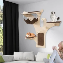 Kratzbaum Wand Katzenwand mit Plattformen Hängematte Kratzpfosten Braun
